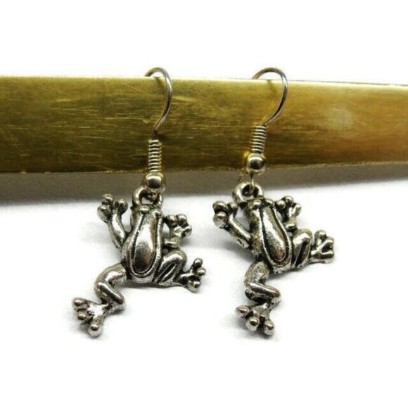 Frog Silver Tone Vertical Drop Dangle Hook Earrings Womans - Picture 3 of 5